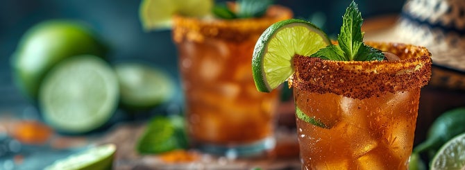 AI-generated image of a glass of Tequila rimmed with chili salt and garnished with lime and mint.