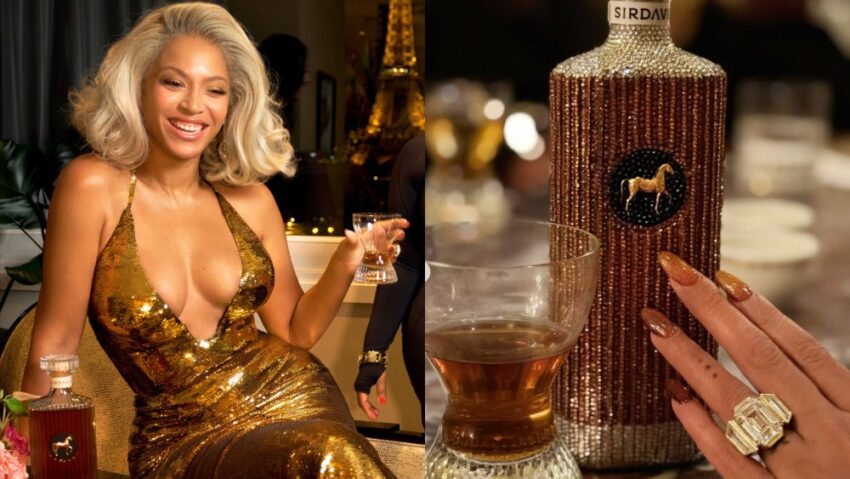 Beyoncé in Gucci, SirDavis, whiskey, bedazzled purse, gold dress