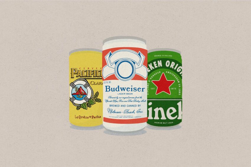 illustration of a pacifico beer can, budweiser beer can, and heineken beer can