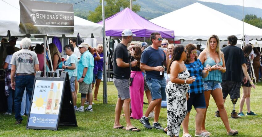 Para pecinta anggur bersulang di akhir musim panas di Schuylkill County Wine Festival di Hegins Park